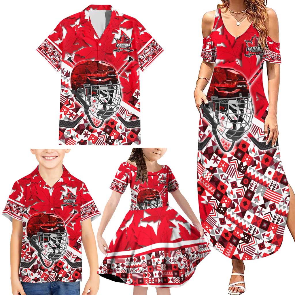 Personalized Canada Hockey Helmet Family Matching Summer Maxi Dress and Hawaiian Shirt Maple Leaf Pattern