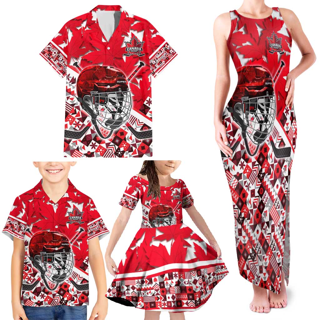 Personalized Canada Hockey Helmet Family Matching Tank Maxi Dress and Hawaiian Shirt Maple Leaf Pattern