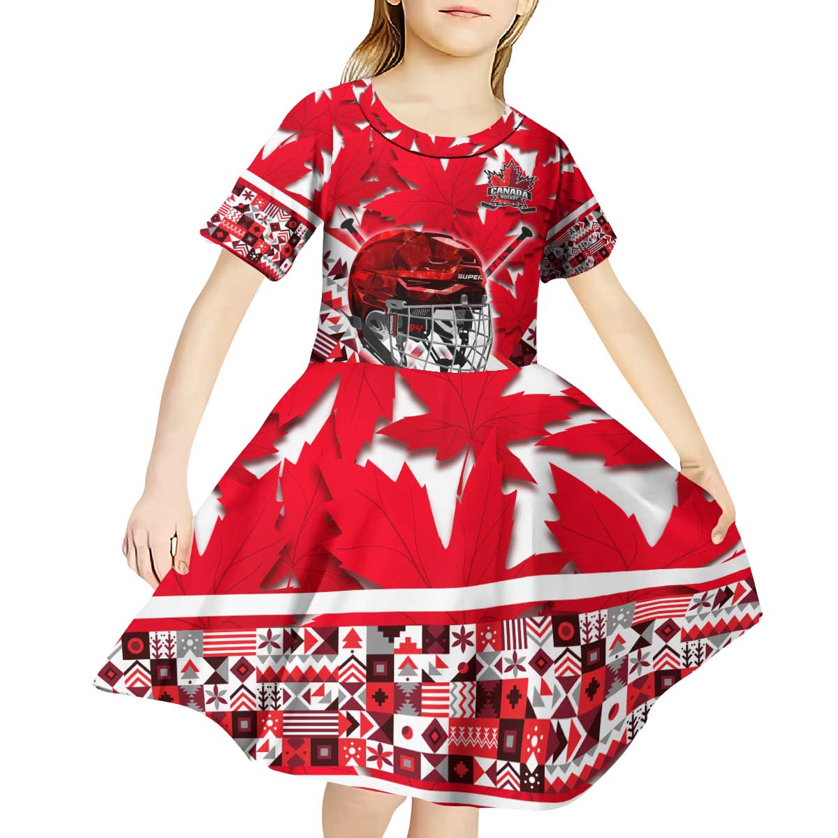 Personalized Canada Hockey Helmet Kid Short Sleeve Dress Maple Leaf Pattern