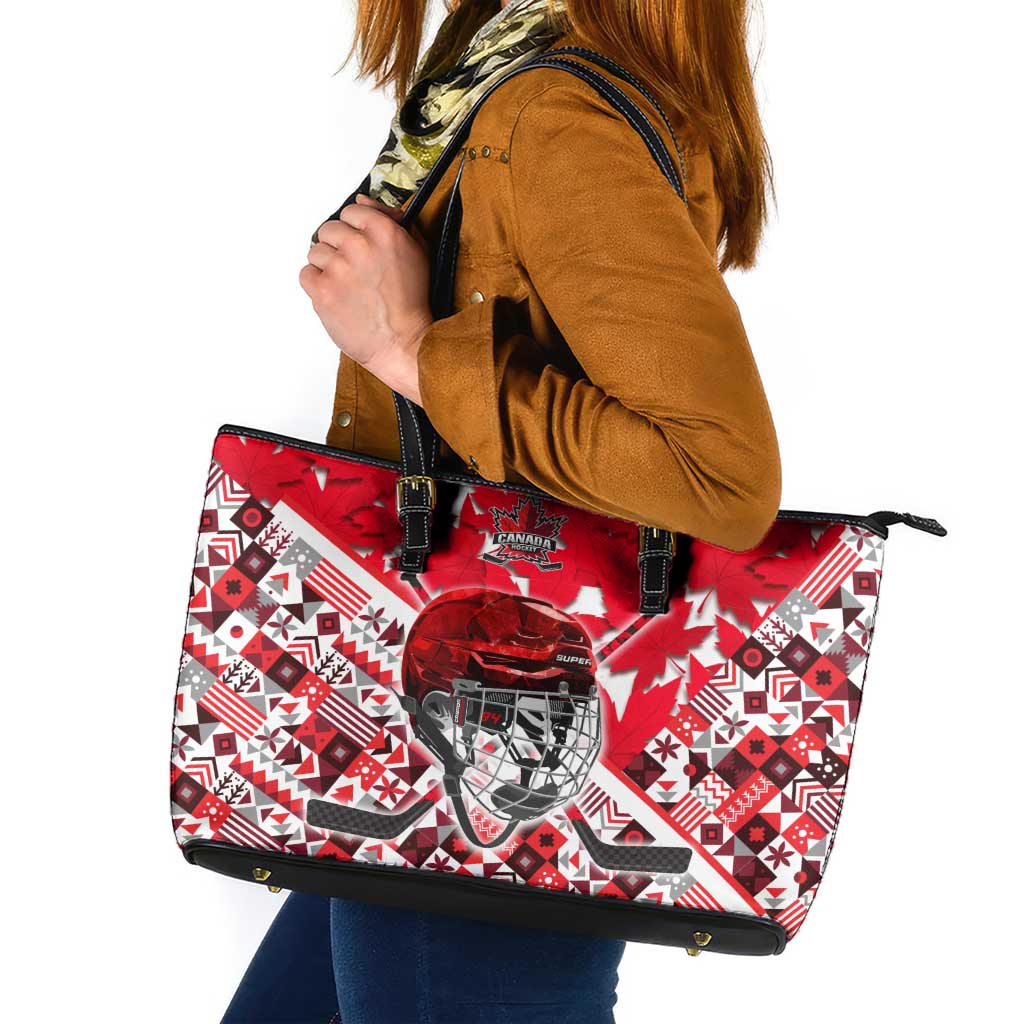 Canada Hockey Helmet Leather Tote Bag Maple Leaf Pattern