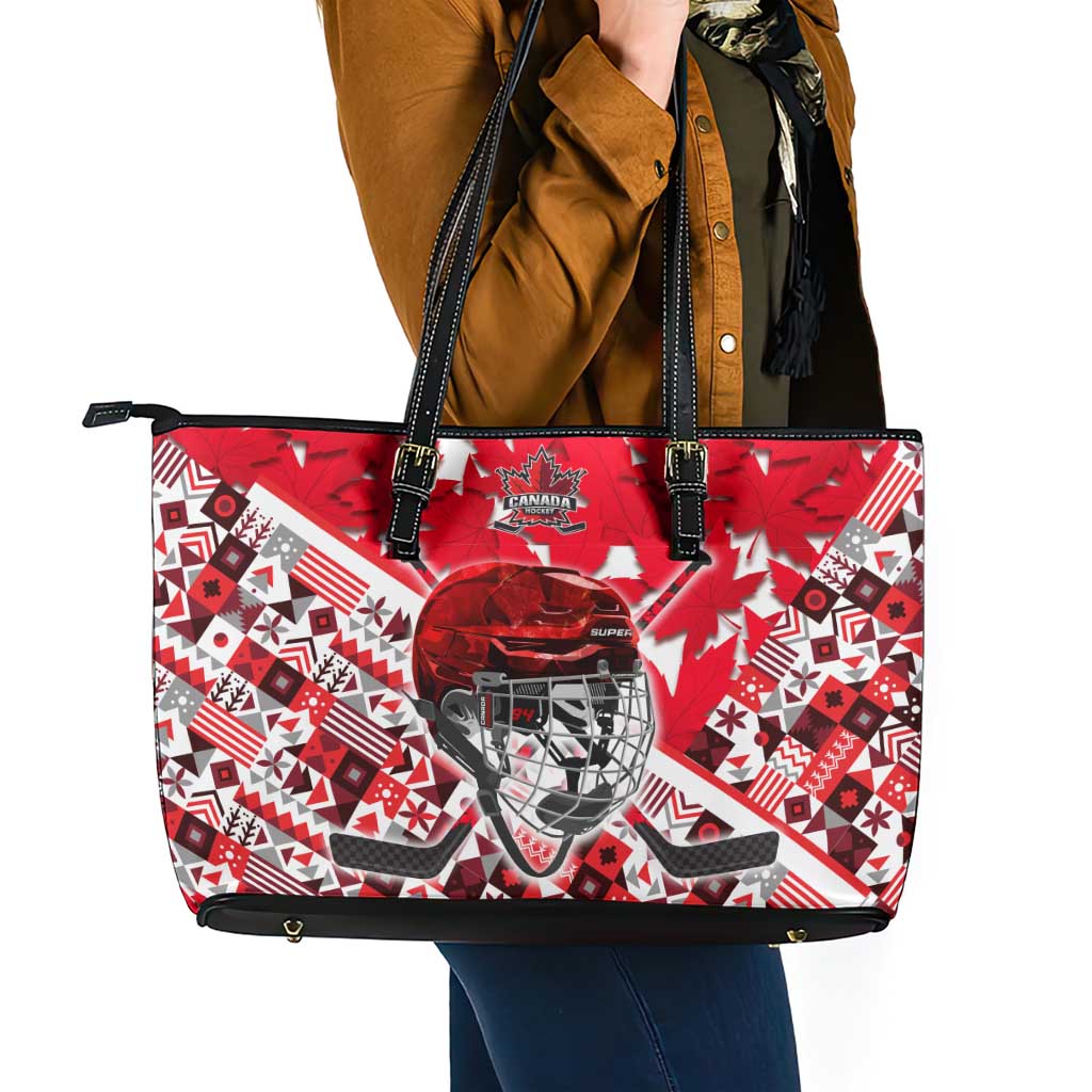 Canada Hockey Helmet Leather Tote Bag Maple Leaf Pattern