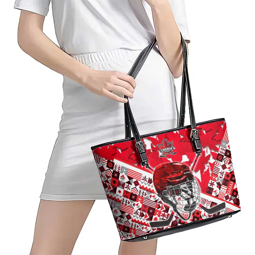 Canada Hockey Helmet Leather Tote Bag Maple Leaf Pattern