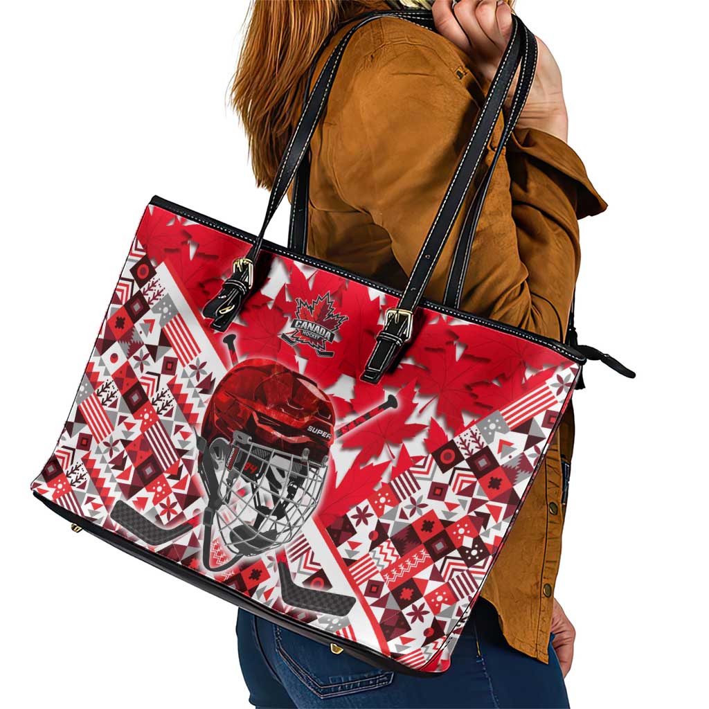 Canada Hockey Helmet Leather Tote Bag Maple Leaf Pattern