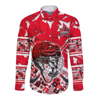 Personalized Canada Hockey Helmet Long Sleeve Button Shirt Maple Leaf Pattern
