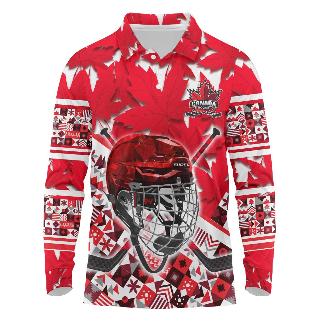 Personalized Canada Hockey Helmet Long Sleeve Polo Shirt Maple Leaf Pattern