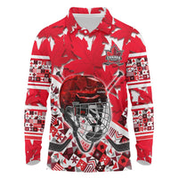 Personalized Canada Hockey Helmet Long Sleeve Polo Shirt Maple Leaf Pattern