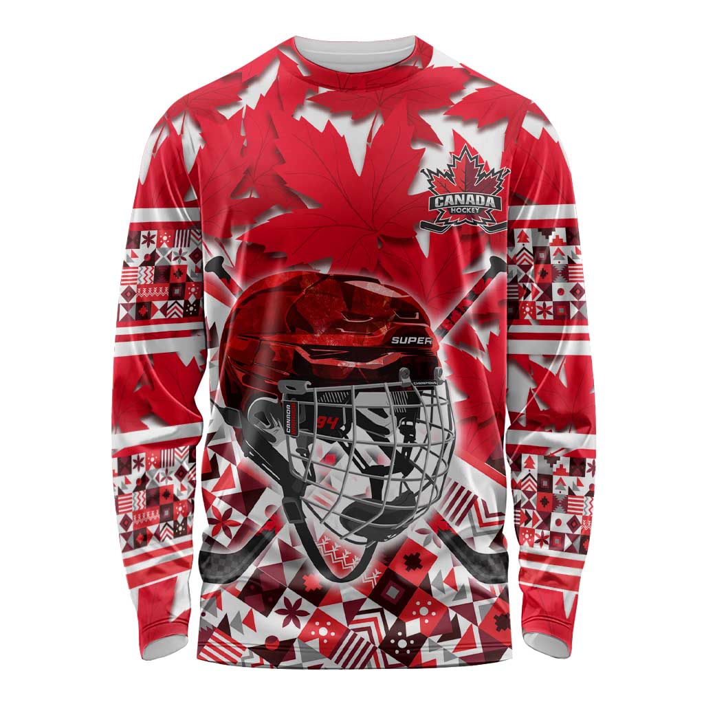 Personalized Canada Hockey Helmet Long Sleeve Shirt Maple Leaf Pattern