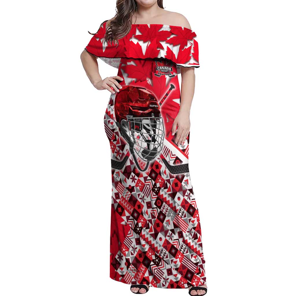 Personalized Canada Hockey Helmet Off Shoulder Maxi Dress Maple Leaf Pattern