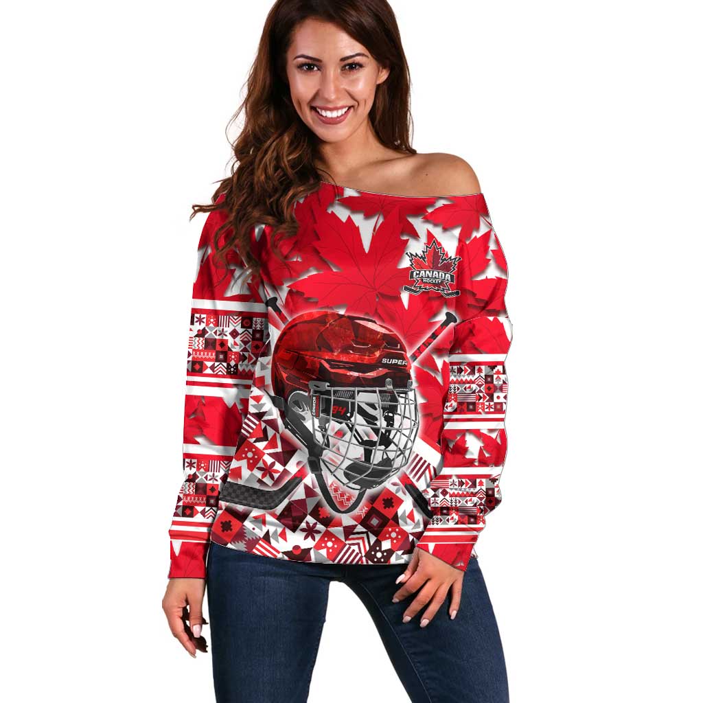 Personalized Canada Hockey Helmet Off Shoulder Sweater Maple Leaf Pattern
