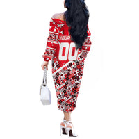Personalized Canada Hockey Helmet Off The Shoulder Long Sleeve Dress Maple Leaf Pattern