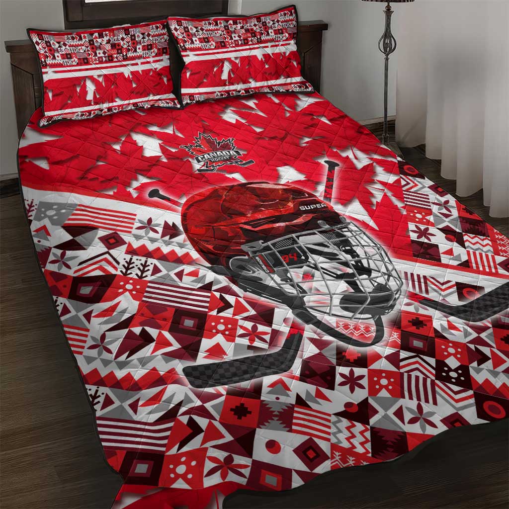 Canada Hockey Helmet Quilt Bed Set Maple Leaf Pattern