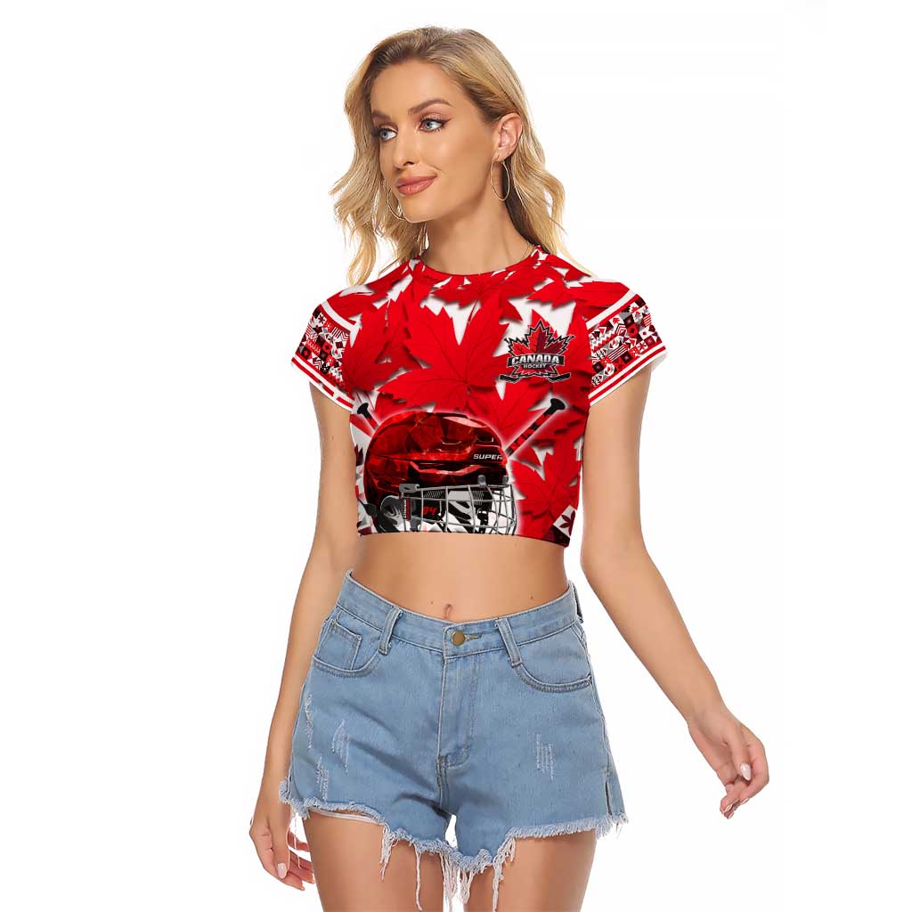 Personalized Canada Hockey Helmet Raglan Cropped T Shirt Maple Leaf Pattern