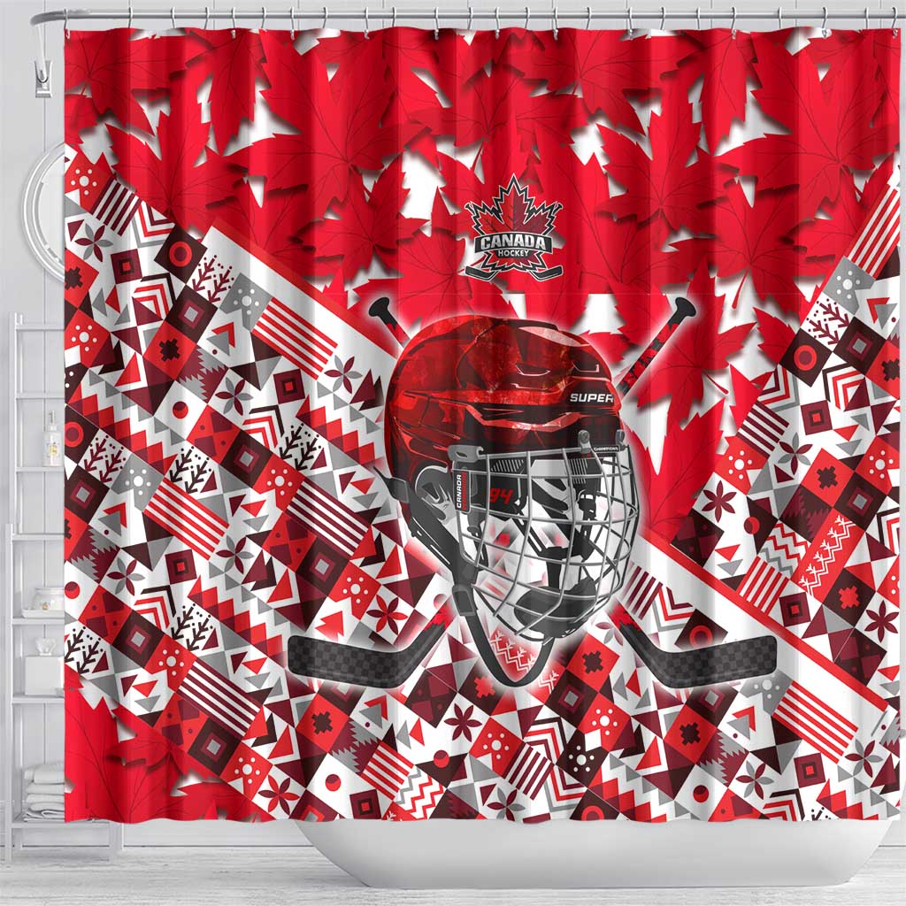 Canada Hockey Helmet Shower Curtain Maple Leaf Pattern