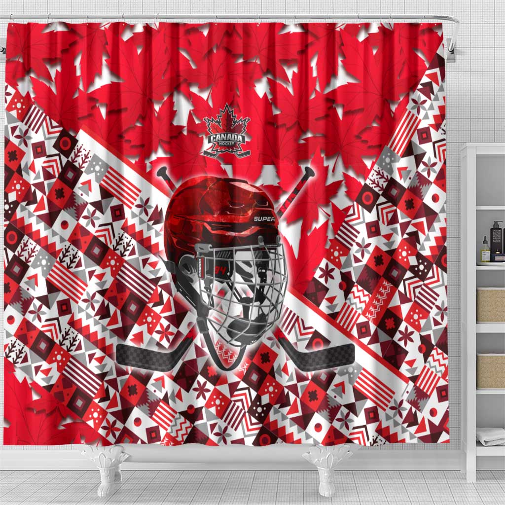 Canada Hockey Helmet Shower Curtain Maple Leaf Pattern