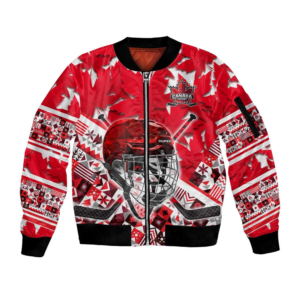 Personalized Canada Hockey Helmet Sleeve Zip Bomber Jacket Maple Leaf Pattern