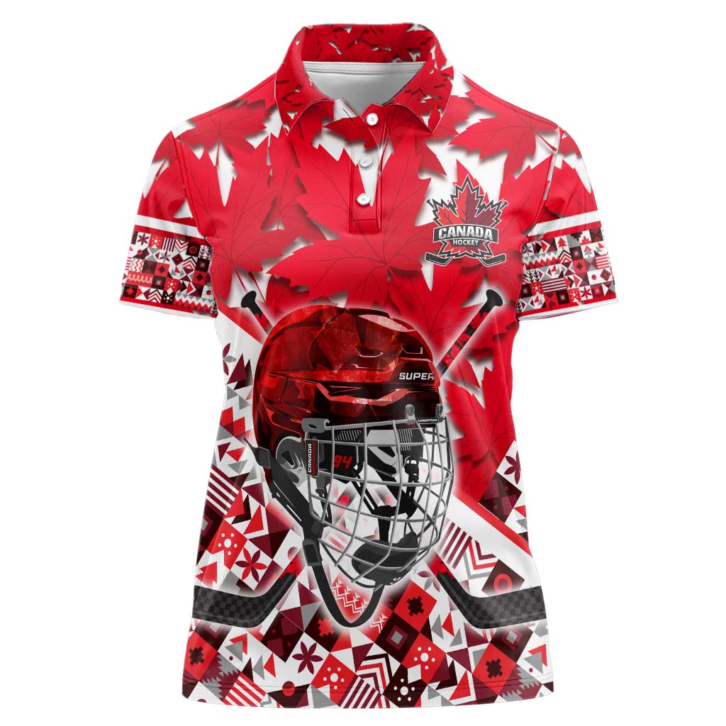 Personalized Canada Hockey Helmet Women Polo Shirt Maple Leaf Pattern