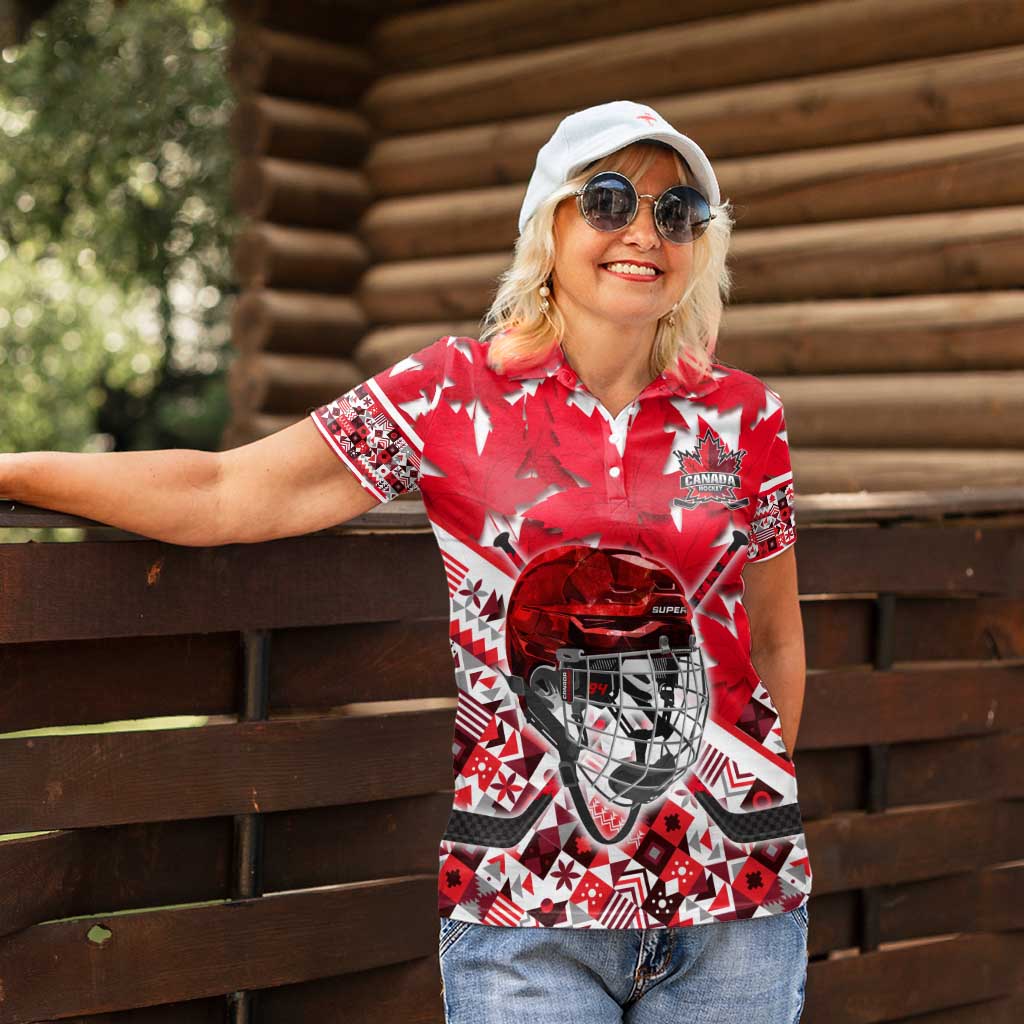 Personalized Canada Hockey Helmet Women Polo Shirt Maple Leaf Pattern