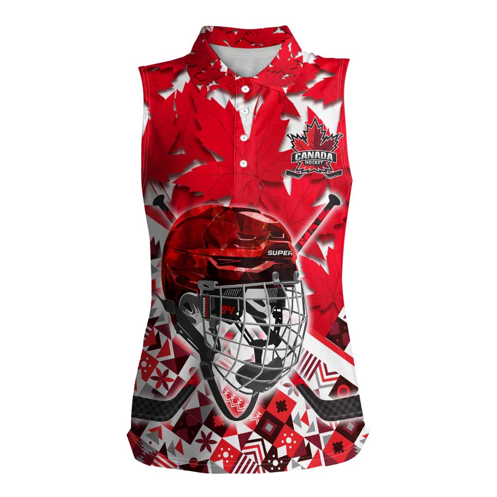 Personalized Canada Hockey Helmet Women Sleeveless Polo Shirt Maple Leaf Pattern