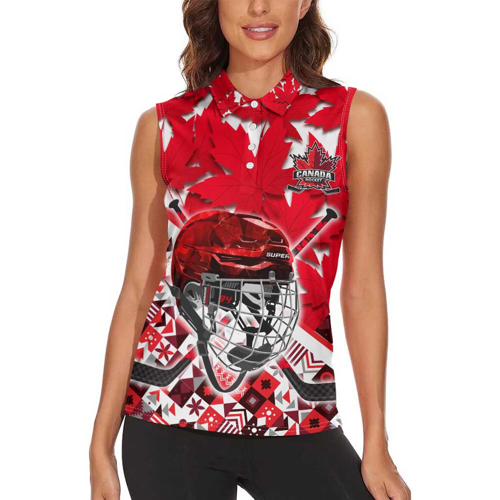 Personalized Canada Hockey Helmet Women Sleeveless Polo Shirt Maple Leaf Pattern