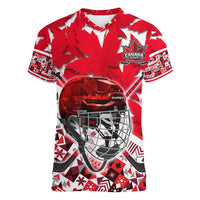 Personalized Canada Hockey Helmet Women V-Neck T-Shirt Maple Leaf Pattern