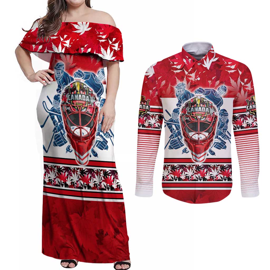 Personalized Canada Elite Hockey Couples Matching Off Shoulder Maxi Dress and Long Sleeve Button Shirt Champions Spirit