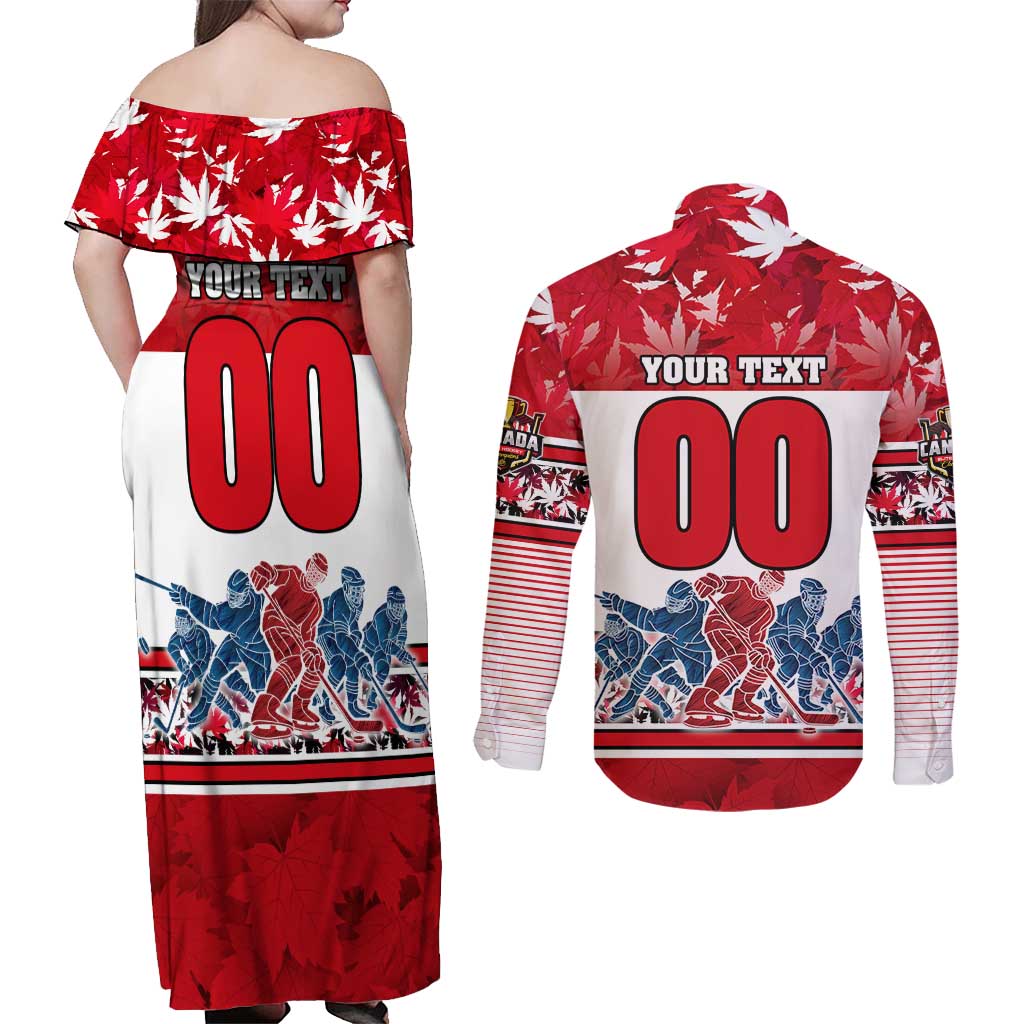 Personalized Canada Elite Hockey Couples Matching Off Shoulder Maxi Dress and Long Sleeve Button Shirt Champions Spirit