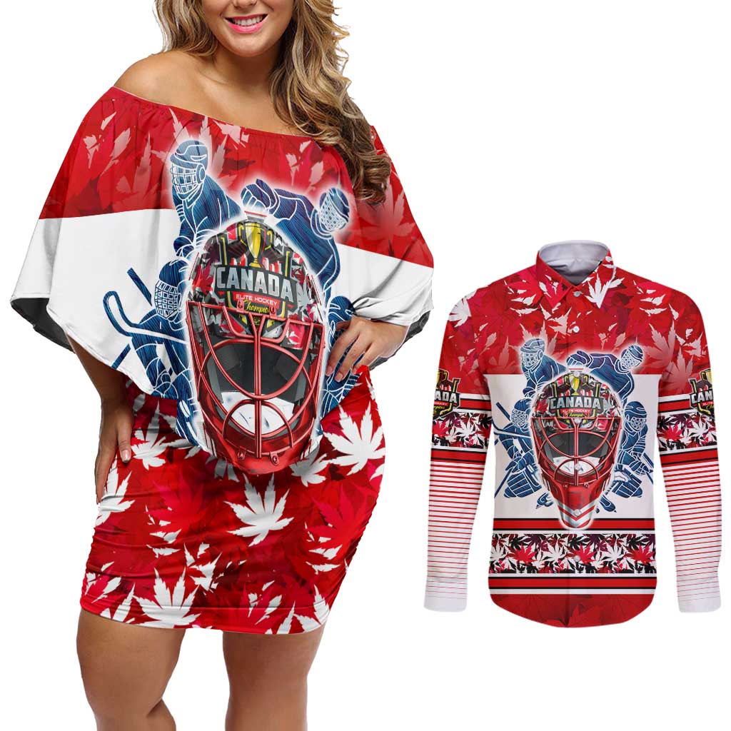 Personalized Canada Elite Hockey Couples Matching Off Shoulder Short Dress and Long Sleeve Button Shirt Champions Spirit