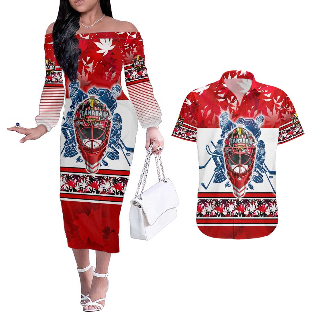 Personalized Canada Elite Hockey Couples Matching Off The Shoulder Long Sleeve Dress and Hawaiian Shirt Champions Spirit