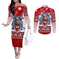 Personalized Canada Elite Hockey Couples Matching Off The Shoulder Long Sleeve Dress and Long Sleeve Button Shirt Champions Spirit