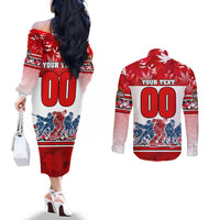 Personalized Canada Elite Hockey Couples Matching Off The Shoulder Long Sleeve Dress and Long Sleeve Button Shirt Champions Spirit