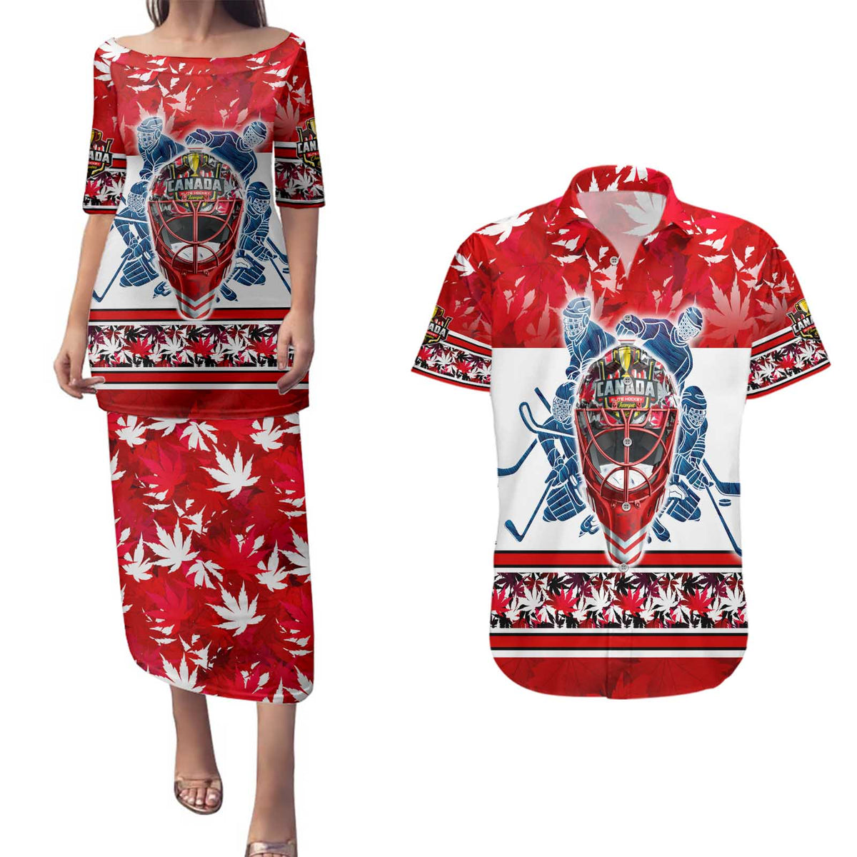Personalized Canada Elite Hockey Couples Matching Puletasi and Hawaiian Shirt Champions Spirit