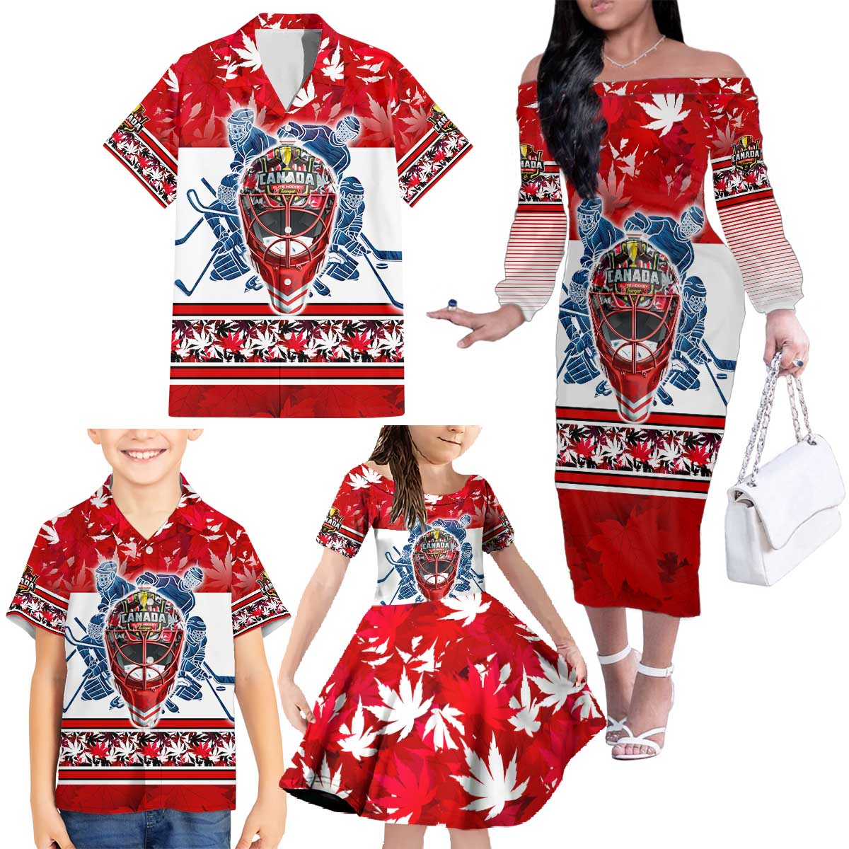 Personalized Canada Elite Hockey Family Matching Off The Shoulder Long Sleeve Dress and Hawaiian Shirt Champions Spirit