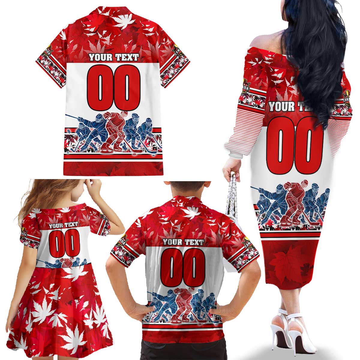 Personalized Canada Elite Hockey Family Matching Off The Shoulder Long Sleeve Dress and Hawaiian Shirt Champions Spirit