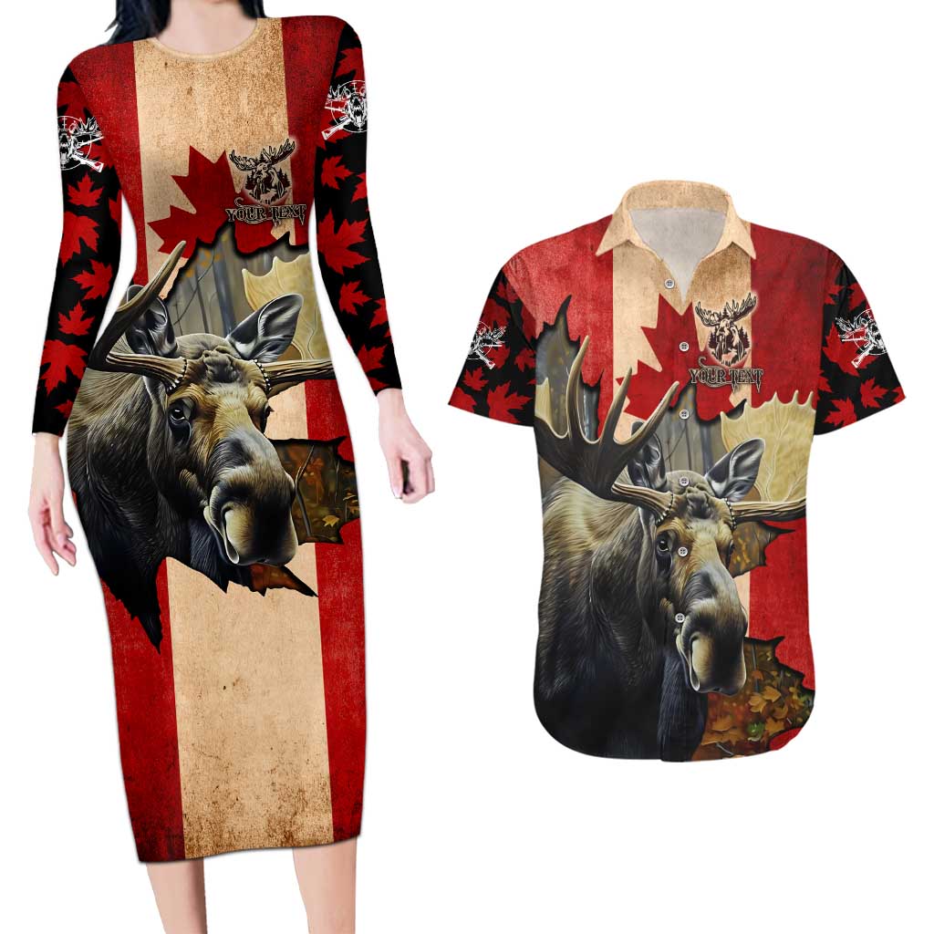 Personalized Canada Moose Couples Matching Long Sleeve Bodycon Dress and Hawaiian Shirt Canadian Flag Maple Leaf Vintage