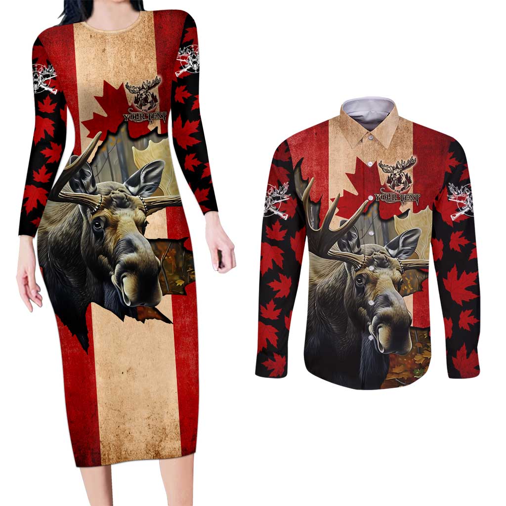 Personalized Canada Moose Couples Matching Long Sleeve Bodycon Dress and Long Sleeve Button Shirt Canadian Flag Maple Leaf Vintage