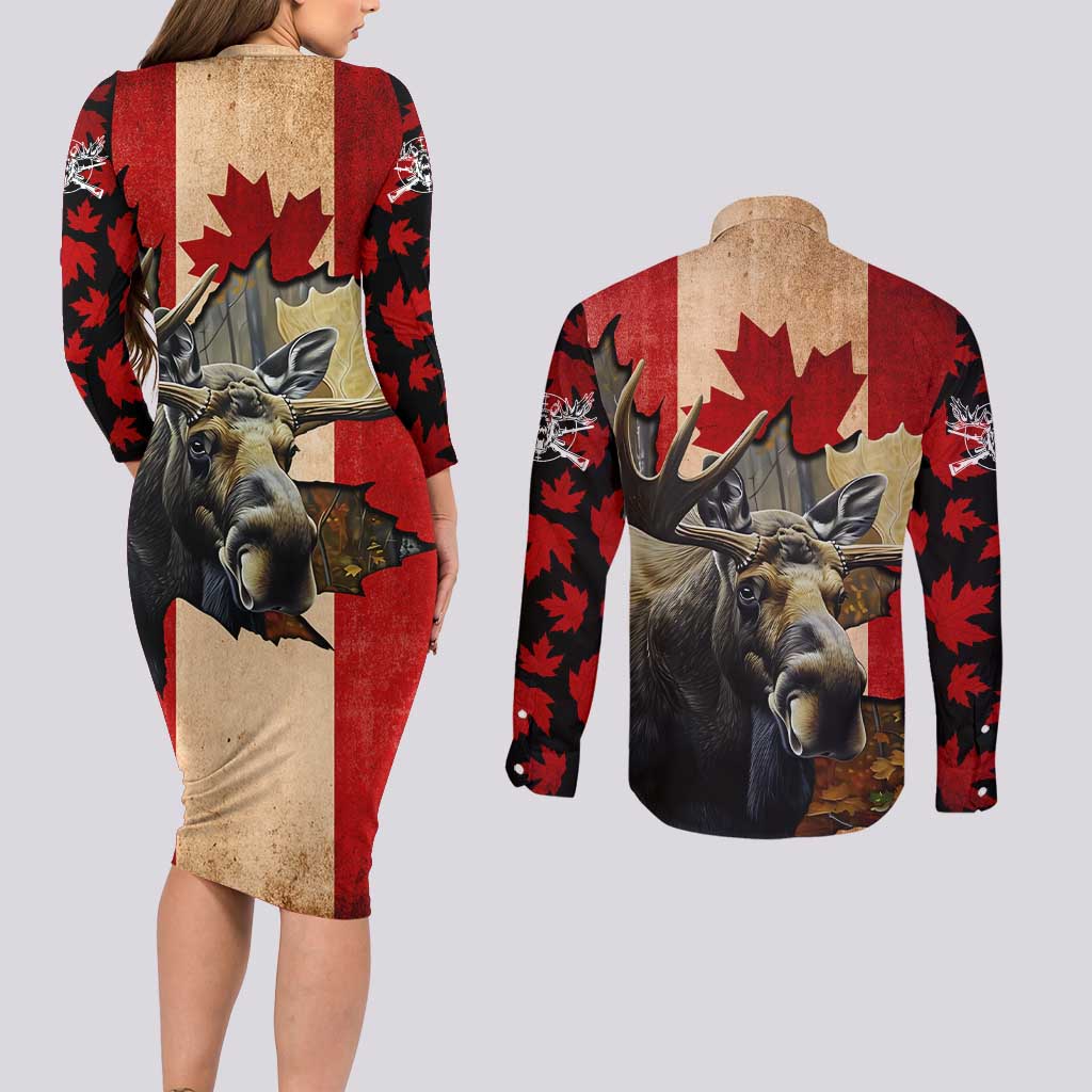 Personalized Canada Moose Couples Matching Long Sleeve Bodycon Dress and Long Sleeve Button Shirt Canadian Flag Maple Leaf Vintage