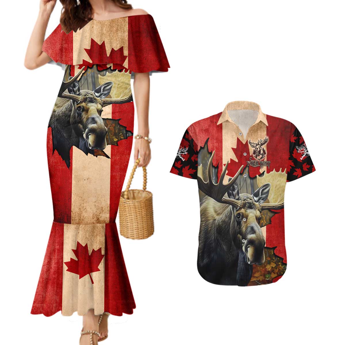 Personalized Canada Moose Couples Matching Mermaid Dress and Hawaiian Shirt Canadian Flag Maple Leaf Vintage