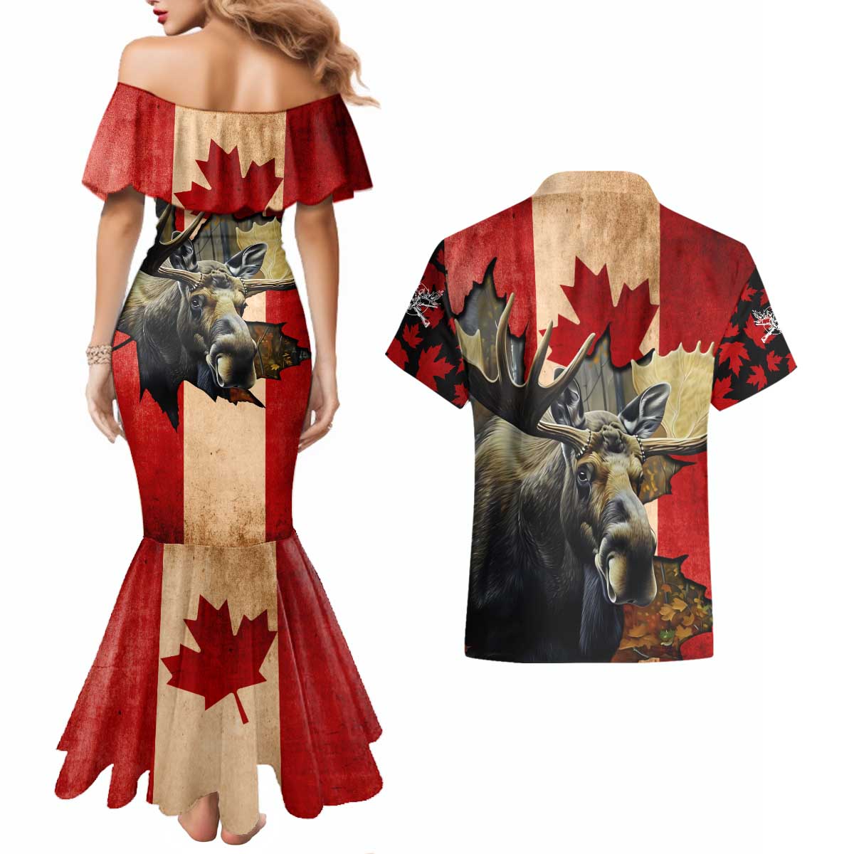 Personalized Canada Moose Couples Matching Mermaid Dress and Hawaiian Shirt Canadian Flag Maple Leaf Vintage