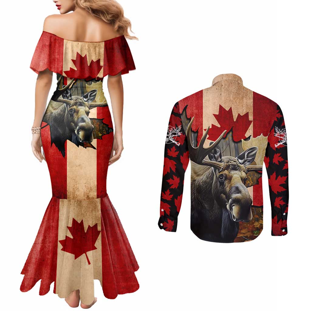 Personalized Canada Moose Couples Matching Mermaid Dress and Long Sleeve Button Shirt Canadian Flag Maple Leaf Vintage