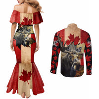 Personalized Canada Moose Couples Matching Mermaid Dress and Long Sleeve Button Shirt Canadian Flag Maple Leaf Vintage