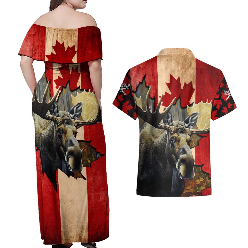Personalized Canada Moose Couples Matching Off Shoulder Maxi Dress and Hawaiian Shirt Canadian Flag Maple Leaf Vintage
