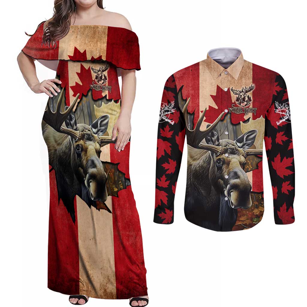 Personalized Canada Moose Couples Matching Off Shoulder Maxi Dress and Long Sleeve Button Shirt Canadian Flag Maple Leaf Vintage