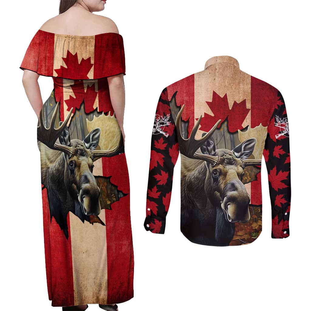 Personalized Canada Moose Couples Matching Off Shoulder Maxi Dress and Long Sleeve Button Shirt Canadian Flag Maple Leaf Vintage