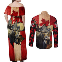 Personalized Canada Moose Couples Matching Off Shoulder Maxi Dress and Long Sleeve Button Shirt Canadian Flag Maple Leaf Vintage