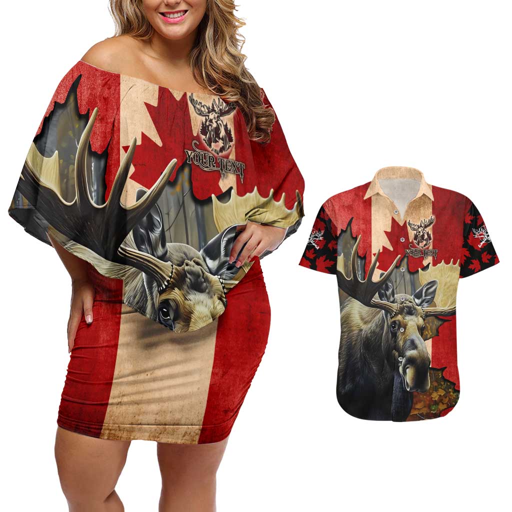 Personalized Canada Moose Couples Matching Off Shoulder Short Dress and Hawaiian Shirt Canadian Flag Maple Leaf Vintage