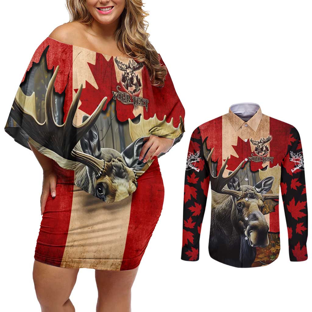 Personalized Canada Moose Couples Matching Off Shoulder Short Dress and Long Sleeve Button Shirt Canadian Flag Maple Leaf Vintage
