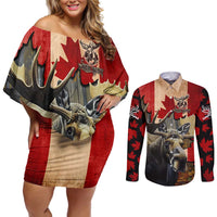 Personalized Canada Moose Couples Matching Off Shoulder Short Dress and Long Sleeve Button Shirt Canadian Flag Maple Leaf Vintage