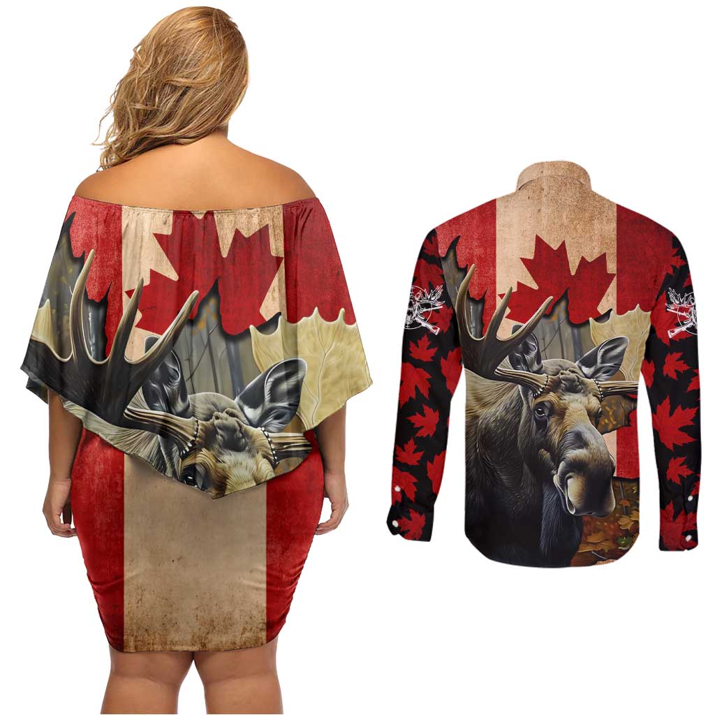 Personalized Canada Moose Couples Matching Off Shoulder Short Dress and Long Sleeve Button Shirt Canadian Flag Maple Leaf Vintage