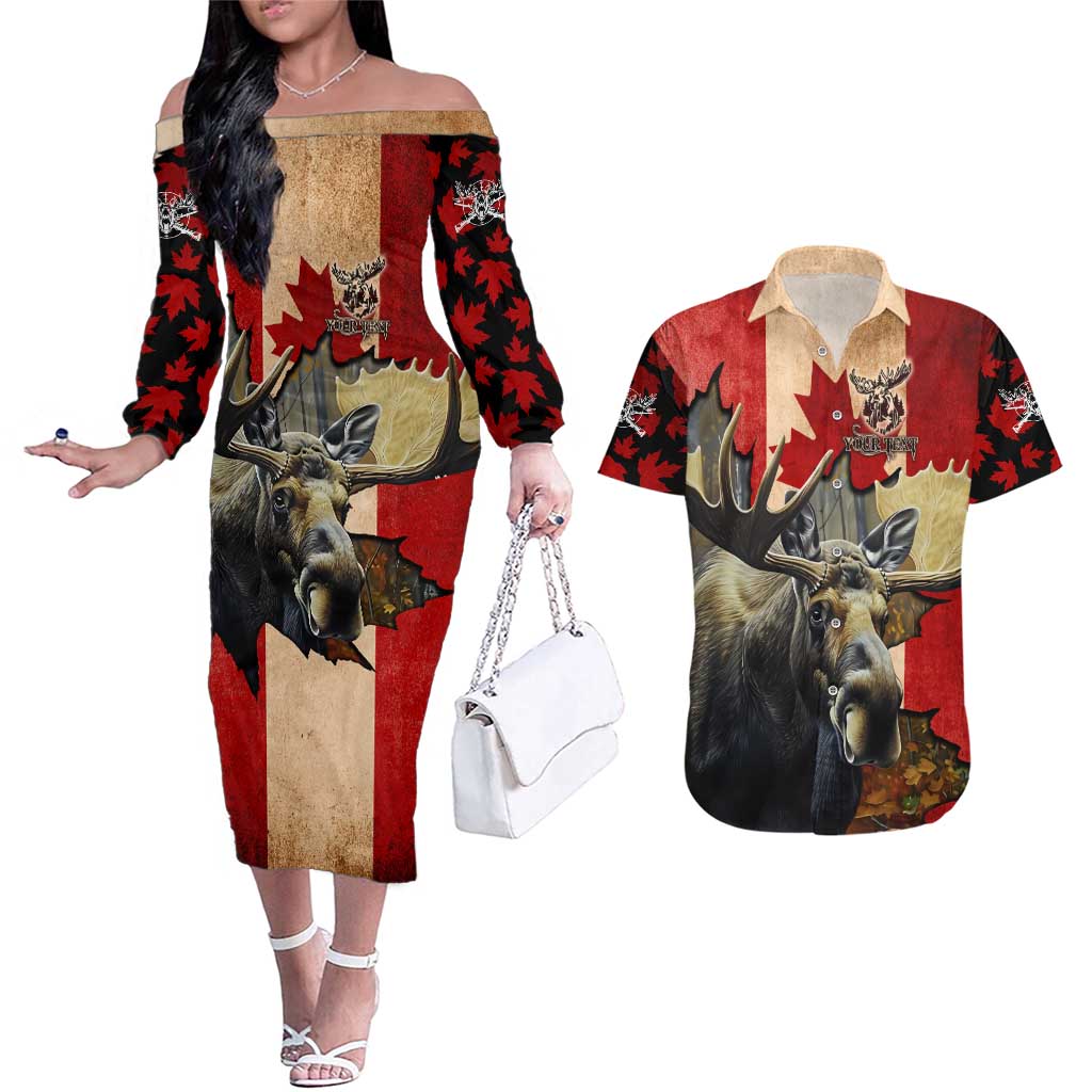 Personalized Canada Moose Couples Matching Off The Shoulder Long Sleeve Dress and Hawaiian Shirt Canadian Flag Maple Leaf Vintage