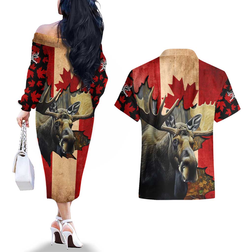 Personalized Canada Moose Couples Matching Off The Shoulder Long Sleeve Dress and Hawaiian Shirt Canadian Flag Maple Leaf Vintage